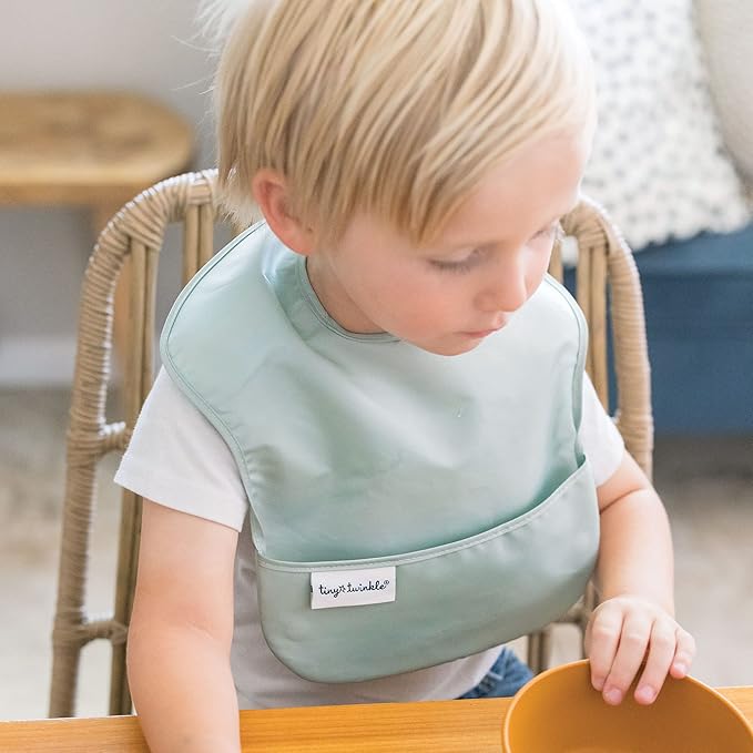 Tiny Twinkle Mess-Proof Baby Bib - Waterproof Bib for Baby Boy or Girl - Machine Washable - Adjustable Closure - PVC, BPA & Phthalate Free - Great for Travel - Baby Food Bibs (5 Pack, Unisex Solids)