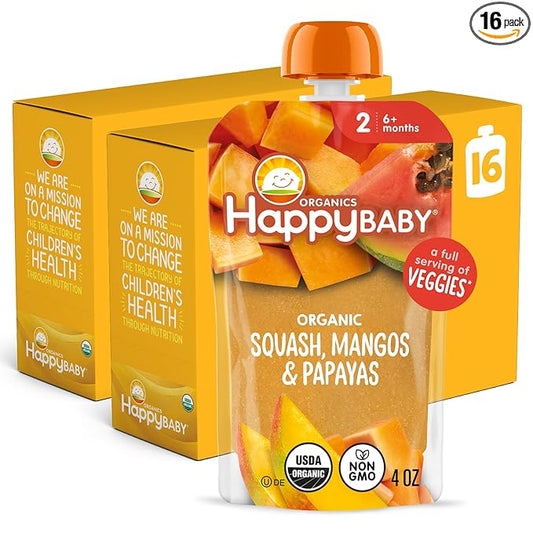Happy Baby Organics Stage 2 Baby Food Pouches with One Full Serving of Veggies, Nutritious Snack, Clearly Crafted Fruit & Veggie Puree, Squash, Mango, & Papaya, 4 Ounces