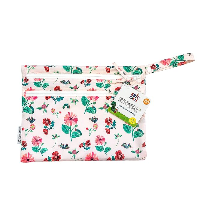 BapronBaby Eric Carle Pink Floral Caterpillar Wet Dry Bag - Waterproof Two Zipper Pockets - Reusable for Mealtime, Diapers, Stroller, Snacks, Swimsuits - Machine Washable - 11" x 9"