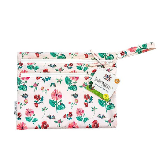 BapronBaby Eric Carle Pink Floral Caterpillar Wet Dry Bag - Waterproof Two Zipper Pockets - Reusable for Mealtime, Diapers, Stroller, Snacks, Swimsuits - Machine Washable - 11" x 9"