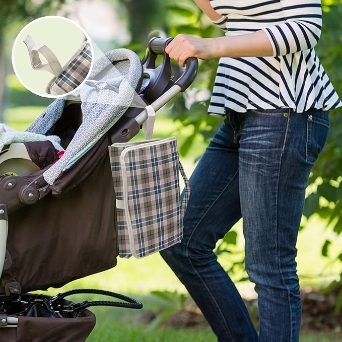 Brown Plaid Checkered Portable Diaper Changing Pad with Wipes Holder, Geometric Gingham Foldable Baby Diaper Changer Travel Bag Rustic Baby Changing Mat with Built-in Pillow for Newborn