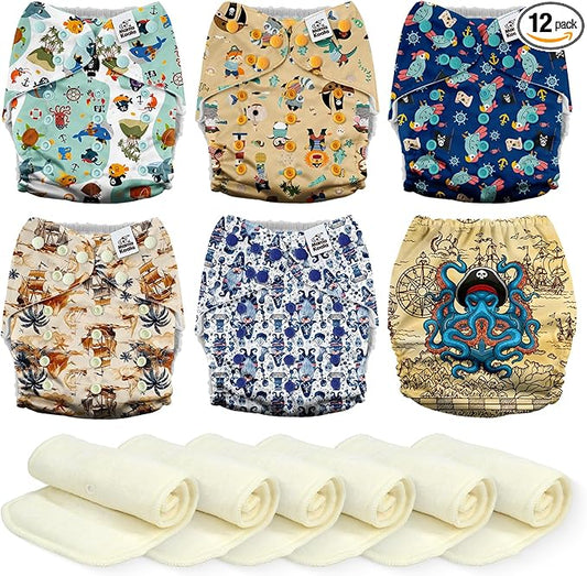 Mama Koala 3.0 Cloth Diapers for Babies, 6 Pack One Size Washable and Reusable Pocket Diapers for Newborns and Toddlers (Pirates are Coming)