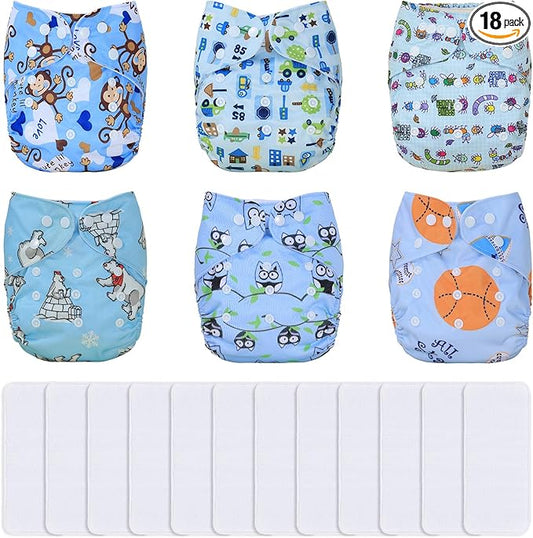 TDIAPERS Cloth Diapers Reusable Washable Pocket Diapers Cover One Size Adjustable for Baby 6 Pack with 12 Inserts