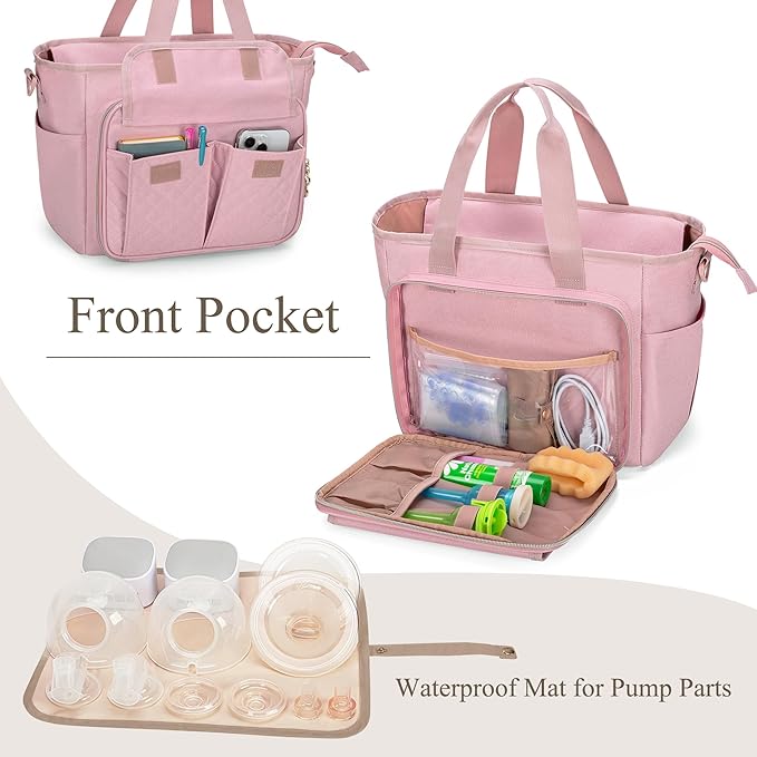 LUXJA Large Wearable Breast Pump Bag with a Waterproof Mat for Wearable Breastfeeding Pump, Carrying Tote Bag with Multiple Pockets for Hands Free Breast Pump and Extra Parts, Pink