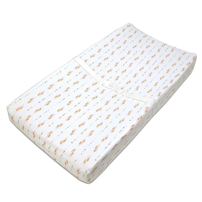 TL Care Printed 100% Cotton Knit Fitted Contoured Changing Table Pad Cover - Compatible with Mika Micky Bassinet, Sparkle Gold/Pink Feathers, for Girls