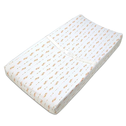 TL Care Printed 100% Cotton Knit Fitted Contoured Changing Table Pad Cover - Compatible with Mika Micky Bassinet, Sparkle Gold/Pink Feathers, for Girls