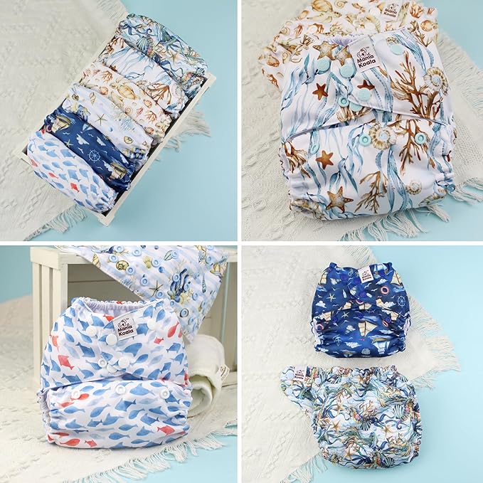 Mama Koala 3.0 Cloth Diapers for Babies, 6 Pack One Size Washable and Reusable Pocket Diapers for Newborns and Toddlers (Underwater Exploration)