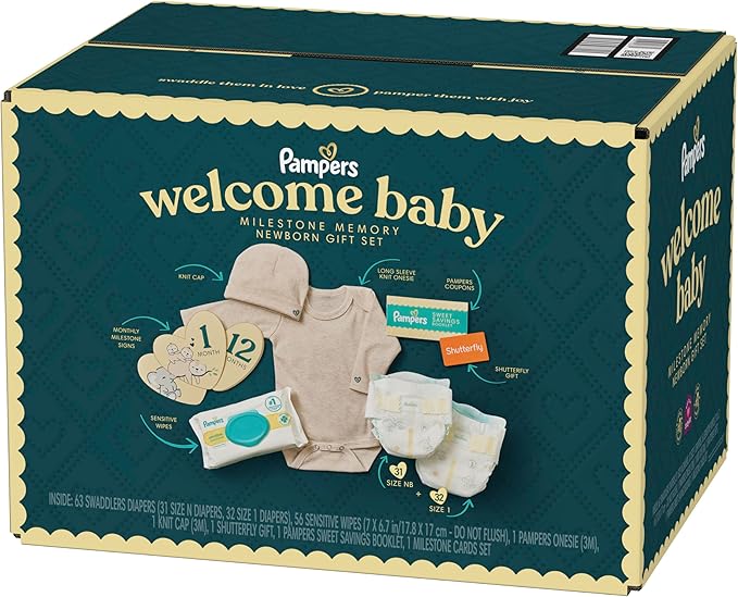Pampers Gift Set, Disposable Diapers, Sensitive Wipes, & Milestone Gifts