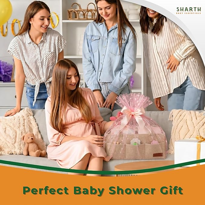 Sharth Baby Diaper Caddy Organizer with Handle, Baby Shower Gifts Basket Bag, Registry Search Must Haves Items, Nursery Storage Organizer for Newborn Girl Boy, Car Diaper Caddy (Beige)
