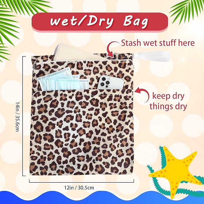 Frienda 4 Pieces Cloth Diaper Wet Dry Bag, Waterproof Reusable Washable Bag for Baby Items and Travel Zippered Pockets with Handle, Beach, Swimsuit, Dirty Gym Clothes and Toiletries(Animal Print)