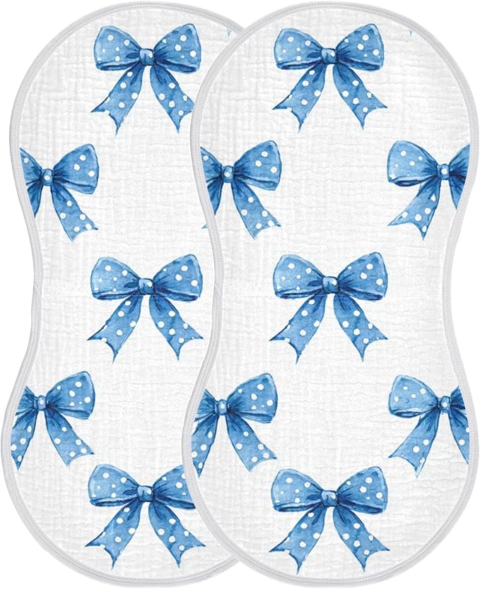 Blue Ribbons Bow Cute Burp Cloths Baby Boys Girls Absorbent Soft Cotton Burping Cloths Rags, 2 Pack