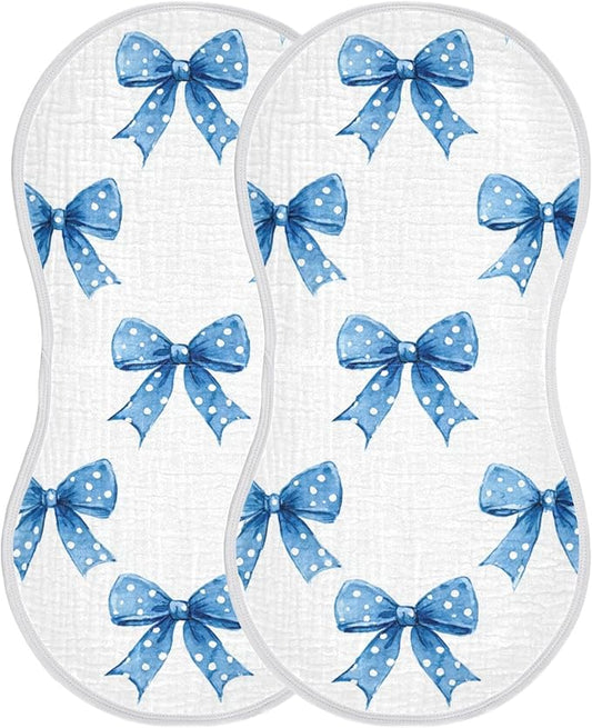 Blue Ribbons Bow Cute Burp Cloths Baby Boys Girls Absorbent Soft Cotton Burping Cloths Rags, 2 Pack