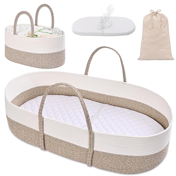 Changing Baskets Set,Moses Basket with Pad and Diaper Caddy,Set of 2 Baskets,Portable Cotton Rope Woven Basket,Replaceable Pad,Gifts for Newborn 28.7" x 15.7" x 7.8"（Brown）