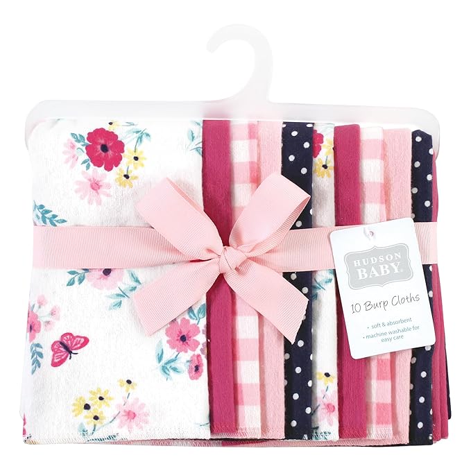 Hudson Baby Unisex Baby Cotton Flannel Burp Cloths, Butterfly Floral 10-Pack, One Size