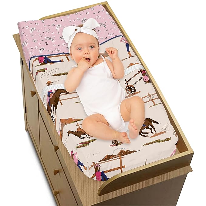 Sweet Jojo Designs Western Cowgirl Girl Baby Changing Pad Cover Infant Newborn Diaper Table Change Mat Sheet Wild West Bandana Paisley Vintage Country Animal Horse Southwest Beige Brown Light Pink Tan