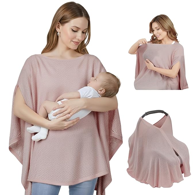 Knit Nursing Cover Up for Breastfeeding, Soft & Cozy Breastfeeding Poncho with Dual Side Slits, 360° Full Privacy Nursing Shawl with Laundry Bag, Mauve Taupe