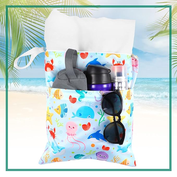 Frienda 4 Pieces Cloth Diaper Wet Dry Bag, Waterproof Reusable Washable Bag for Baby Items and Travel Zippered Pockets with Handle, Beach, Swimsuit, Dirty Gym Clothes and Toiletries(Animal)