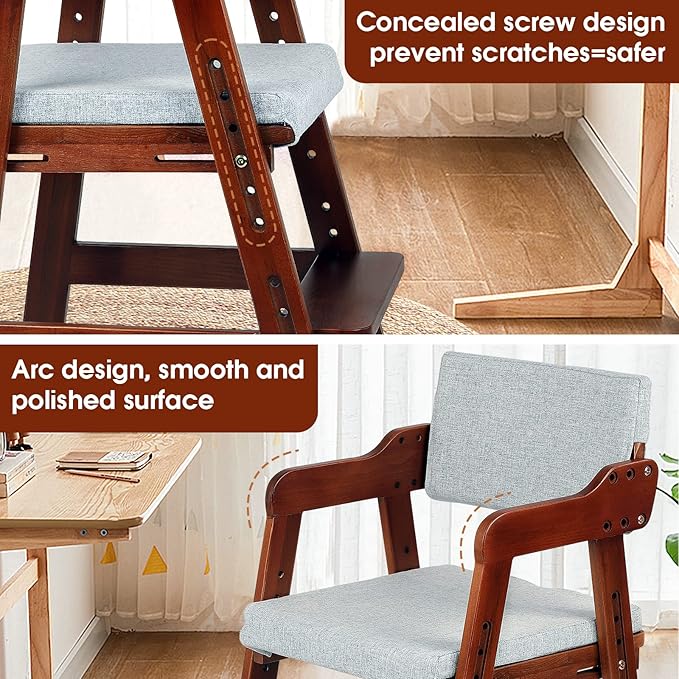 Ezebaby Wooden High Chair for Toddlers to Teens Adjustable Kids Learning Chair with Steps, Child Seats with Removable Cushions (Nut-Brown)