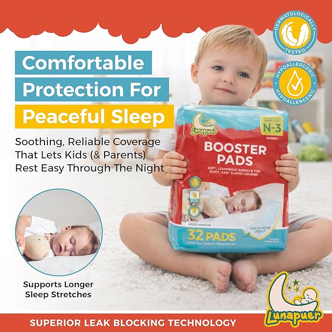 Diaper Booster Pads Overnight, Stop Overnight Leaks, Diaper Inserts with Adhesive for Sensitive Skin – Fits Newborn, Size 1, 2, 3 – Diaper Liners for Baby Boys & Girls – 96 ct (3 Packs)