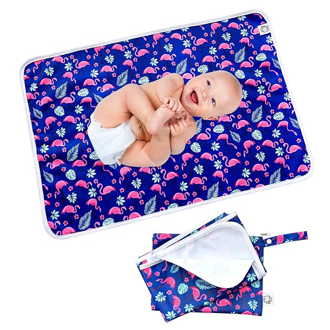 Flockthree Waterproof Baby Changing Pad with Storage Bag (43.3" X 28.7") Washable Wipeable Reusable Leak Proof Diaper Travel Mat Station Changing Mattress Liner Cribs Bed Cover, Flamingos