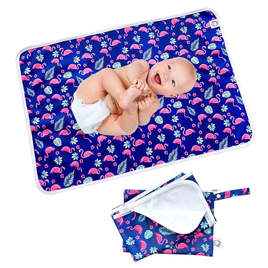 Flockthree Waterproof Baby Changing Pad with Storage Bag (43.3" X 28.7") Washable Wipeable Reusable Leak Proof Diaper Travel Mat Station Changing Mattress Liner Cribs Bed Cover, Flamingos