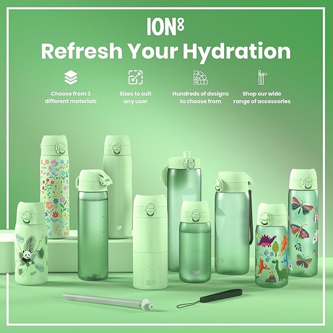 Ion8 Small Water Bottle, 350 ml/12 oz, Leak Proof, Easy to Open, Secure Lock, Dishwasher Safe, BPA Free, Carry Handle, Hygienic Flip Cover, Easy Clean, Odor Free, Carbon Neutral, Surf Green