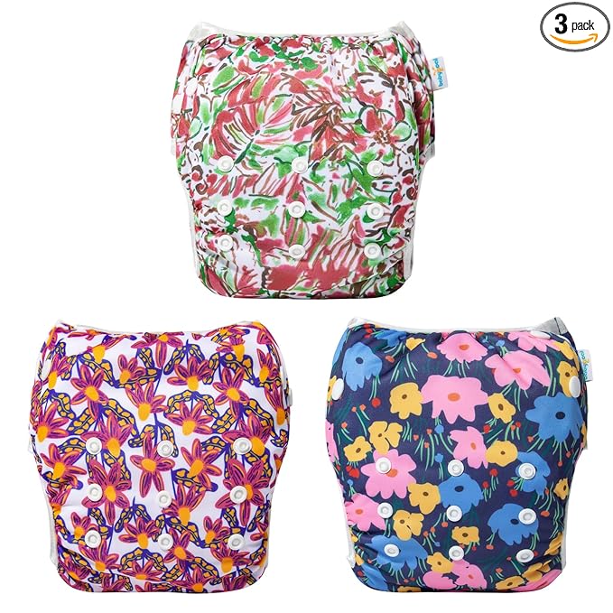 Babygoal Baby Girl Swim Diapers 3 Pack for 8M-3T Babies and Toddlers, Reusable Adjustable Washable for Swimming Lessons-Flower