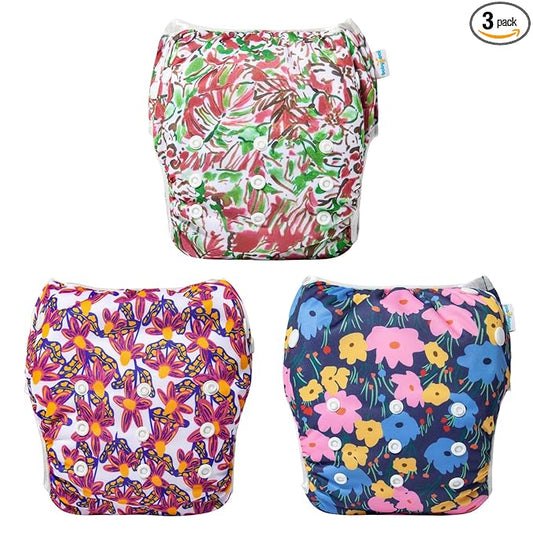 Babygoal Baby Girl Swim Diapers 3 Pack for 8M-3T Babies and Toddlers, Reusable Adjustable Washable for Swimming Lessons-Flower