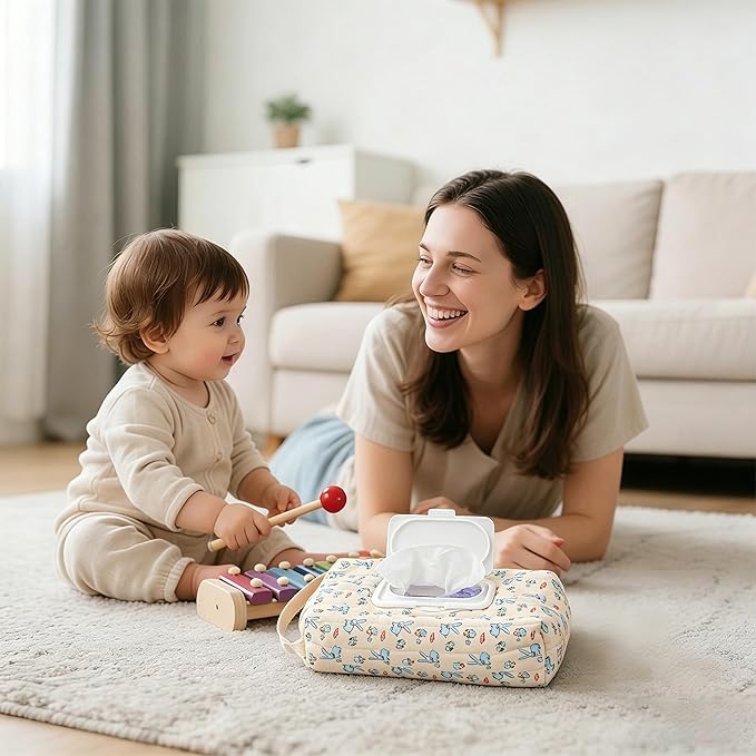 Quilted Baby Wipe Holder Floral Diaper Pouch Portable Quilted Wipes Bag for Car, Stroller