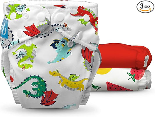 Charlie Banana Cloth Diapers, Reusable, Washable, Adjustable One Size Diaper, for Babies and Toddlers, with Absorbent Inserts - Dragon Feast, 3 Pack