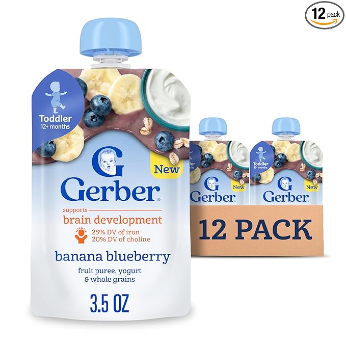 Gerber Toddler Food, Baby Food Pouches for Toddlers, Banana Blueberry, Fruit Puree, Yogurt & Whole Grains, Iron & Choline Helps Support Brain Development, No Artificial Flavors 3.5oz each (Pack of 12)