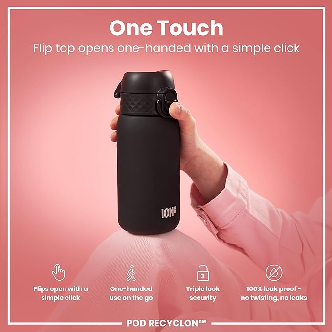 Ion8 Small Water Bottle, 350 ml/12 oz, Leak Proof, Easy to Open, Secure Lock, Dishwasher Safe, BPA Free, Carry Handle, Hygienic Flip Cover, Easy Clean, Odor Free, Carbon Neutral, Black