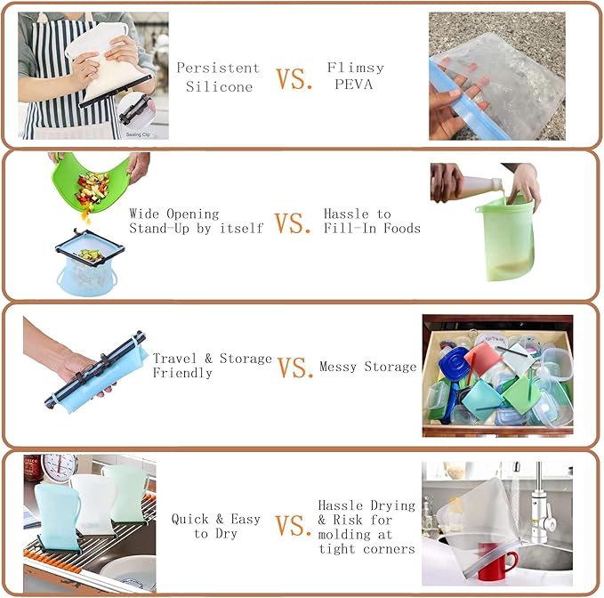 1/2 Gallon Large Reusable Stand-Up No Pop Open Wide Opening Thick Silicone Reduce Single-Use Plastic Dishwasher Safe Freezer Safe Food Bag Silicone Food Storage