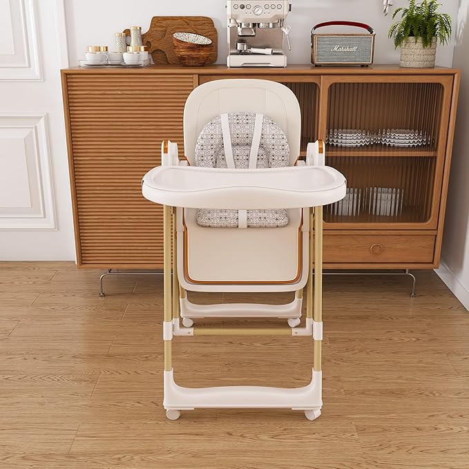 Convertible Baby High Chair to Rocker with 5-Point Harness, Foldable Infant Feeding Chair with Silent Locking Wheels & Removable 2-Tier Easy-Clean Tray (White)