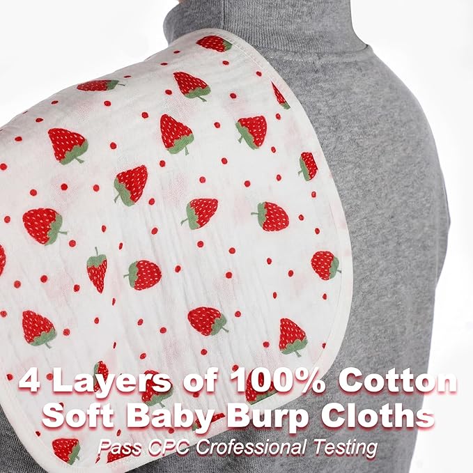 Hahafelt 4 Pcs Strawberry Baby Burp Cloths 100% Cotton Absorbent & Soft Burping Cloth Newborn Towel 2-in-1 Large Size Baby Spit up Burping Rags Set for Boys and Girls Infant Newborn