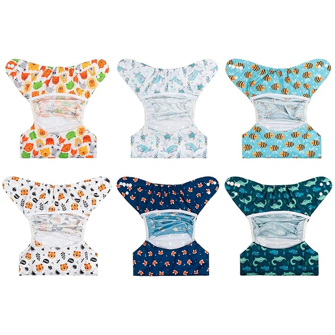 babygoal Cloth Diaper Covers 6 Pack+Wet Bag for Fitted Diapers and Prefolds with Double Gussets, Adjustable and Reusable for Baby Boys