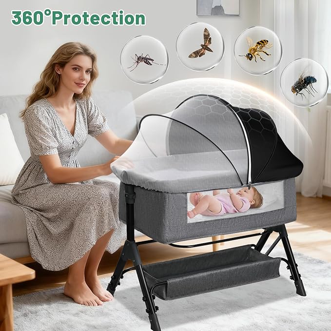 Bassinet Cover for Cats - Blackout Breathable Mosquito Net for Baby Bedside Sleepers & Travel Cribs, 2-Way Zipper Bug Canopy Tent to Block Light & Keep Cats Out (Black-Small)