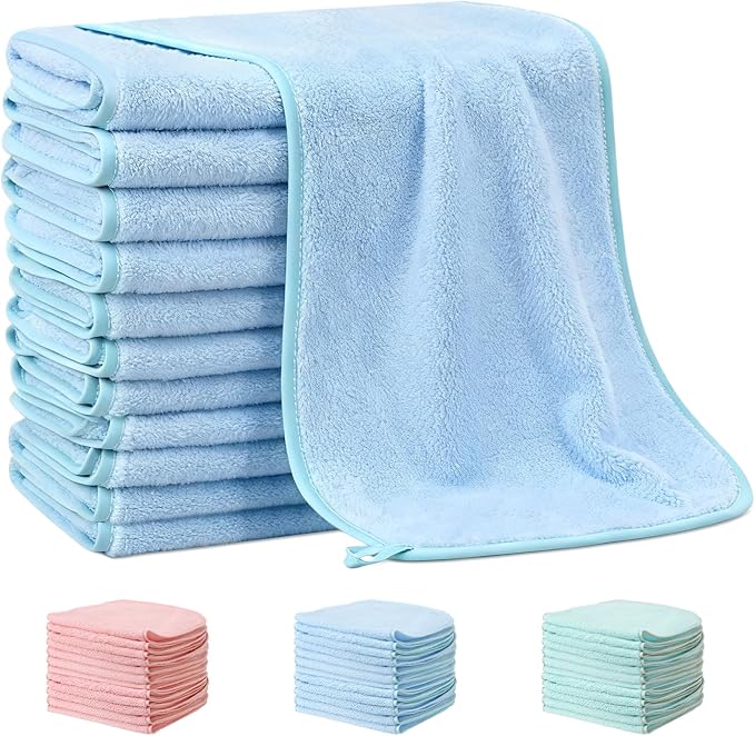 Hahafelt 12 Pack Blue Baby Burp Cloths for Boys and Girls Coral Fleece 20 x 10 Inch Super Soft Burp Cloths with Organza Bag for Newborn Sensitive Skin Essential