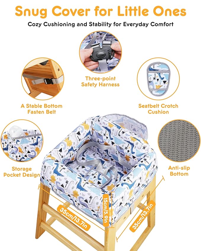 High Chair Cover Portable with 3-Point Harness, Waterproof Baby Seat Cover for Restaurant Travel Home Use, Machine Washable, Fits Wooden Chairs (Colorful Dinosaurs)