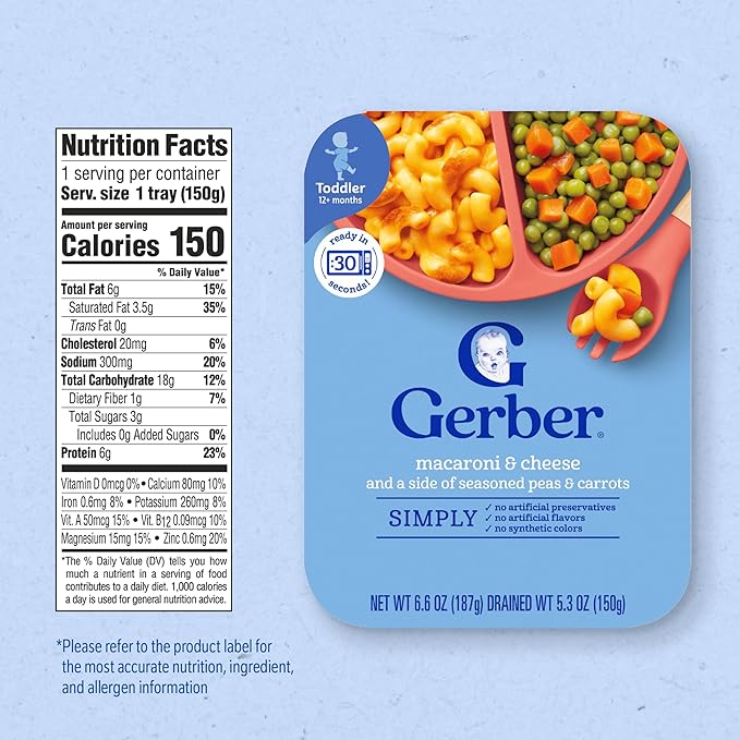 Gerber Toddler Food, Macaroni & Cheese with Peas & Carrots, Mealtime for Toddler, Baby Led Feeding, 8-Pack