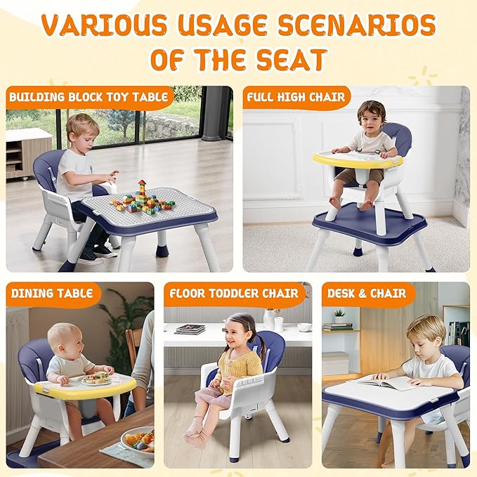 High Chairs for Babies and Toddlers, 5-in-1 Convertible Baby High Chair to Booster Seat with Removable Tray, Kids Learning and Building Block Activity Table with Safety Harness, Blue
