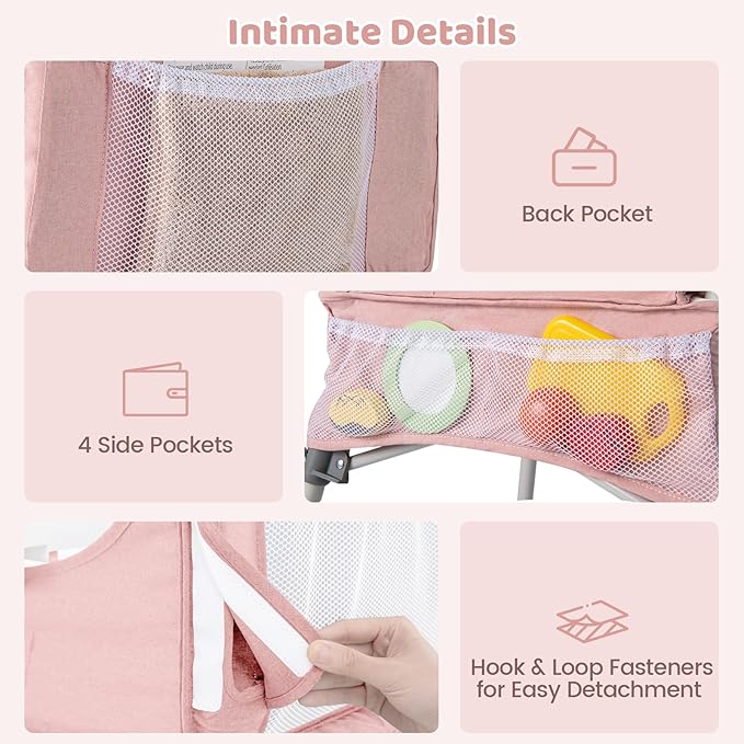 INFANS Baby High Chair, Foldable Portable Highchair for Babies and Toddlers with Travel Bag Adjustable Tray, 5 Point Harness, Compact Space Saver Infant Feeding Chair (Pink)