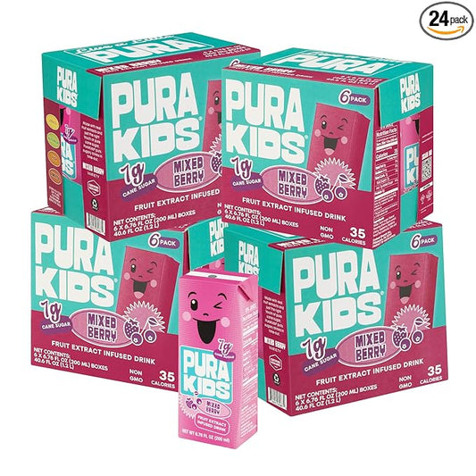 PURA Kids Box | Mixed Berry Fruit Extract Infused Drink for kids | 7g Of Pure Cane Sugar | Non-GMO | Vegan, No Artificial Sweeteners | Best Lunchbox Beverage with Paper Straw | 6.76 fl oz (200ml), Pack of 24