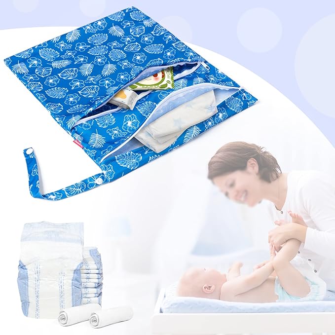 Damero 2 Pcs Wet Dry Bag for Cloth Diaper, Swimsuit, Clothes, Water-Resistant Reusable Wet Bag for Travel, Exercise, Beach, Pool, Daycare, Blue Flowers