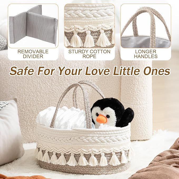 Macrame Diaper Caddy Organizer Cotton Rope Basket Boho Nursery Decor Cute Woven Tassel Portable Diaper Organizer for Changing Table Baby Shower Gifts for Newborn Essentials