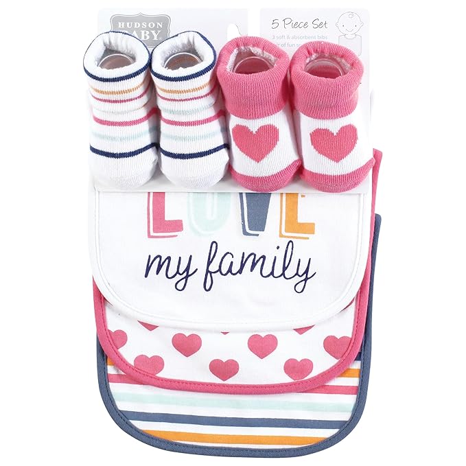 Hudson Baby Infant Girl Cotton Bib and Sock Set, Love Family, One Size
