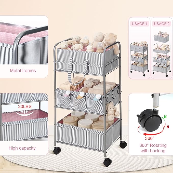 WILLBOND 2 in 1 Baby Diaper Caddy Organizer Cart, 3 Tier Large Stripe Bedside Rolling Cart Metal for Baby Essential with Divider for Newborn Registry Must Have Nursery Bedroom Mother Gift(Pink)