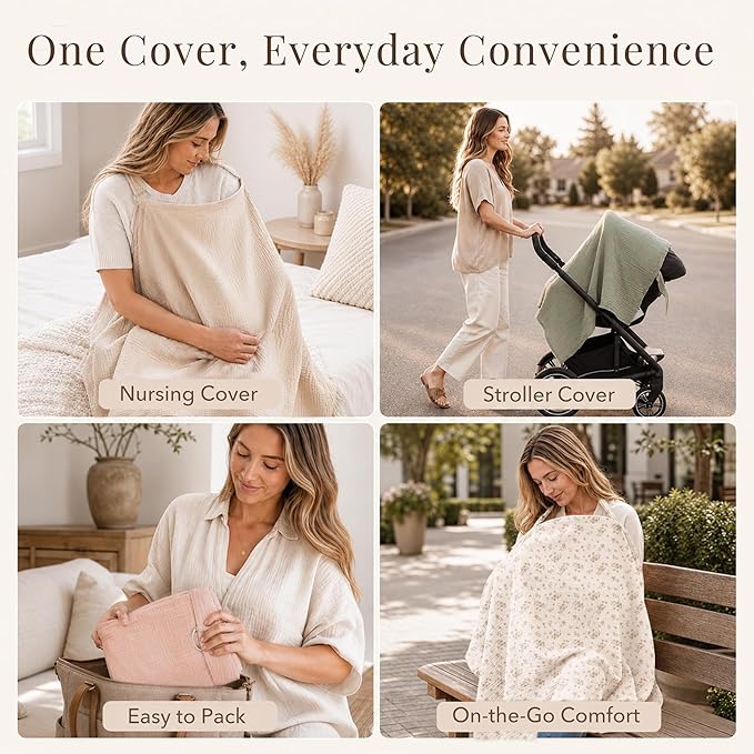 Konssy Muslin Nursing Cover for Baby Breastfeeding, Breathable 100% Cotton Breastfeeding Cover with Rigid Hoop for Mother Nursing Apron, Multi-use Carseat Canopy (Summer Wheat)