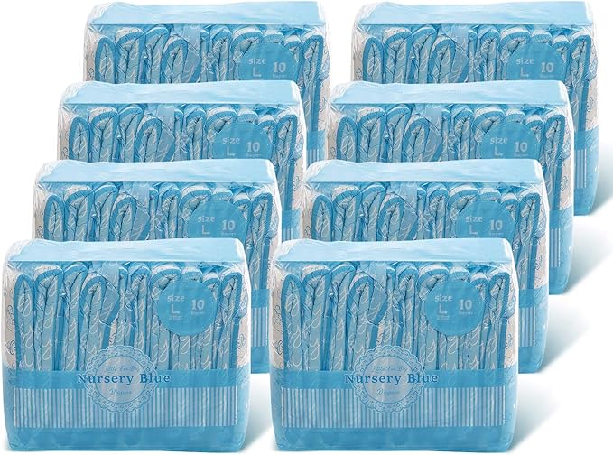 Littleforbig Adult Printed Diaper 80 Pieces (8 Packs) - Nursery Blue (Large 36"-46")