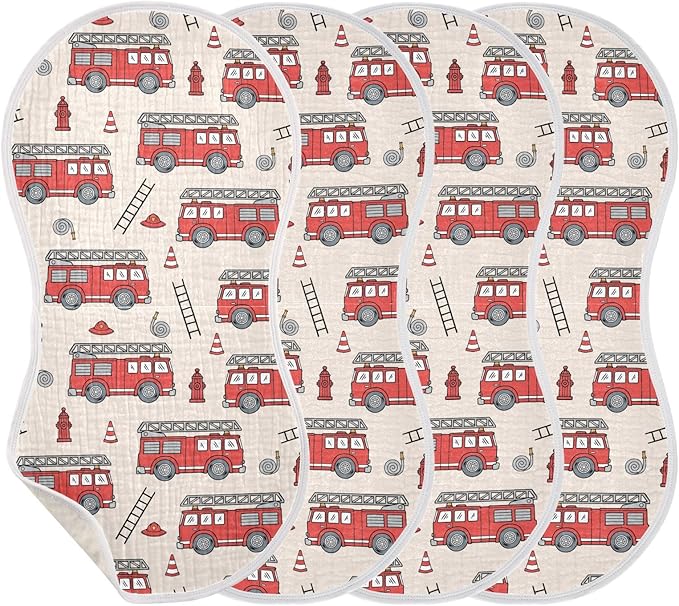 Muslin Burp Cloths for Baby Boys and Girls - 4-Pack Ultra Absorbent Fire Truck Muslin Washcloths, Newborn Towel, Milk Spit Up Rags, Burp Cloth Bib for Unisex, 22 x 11 Inch